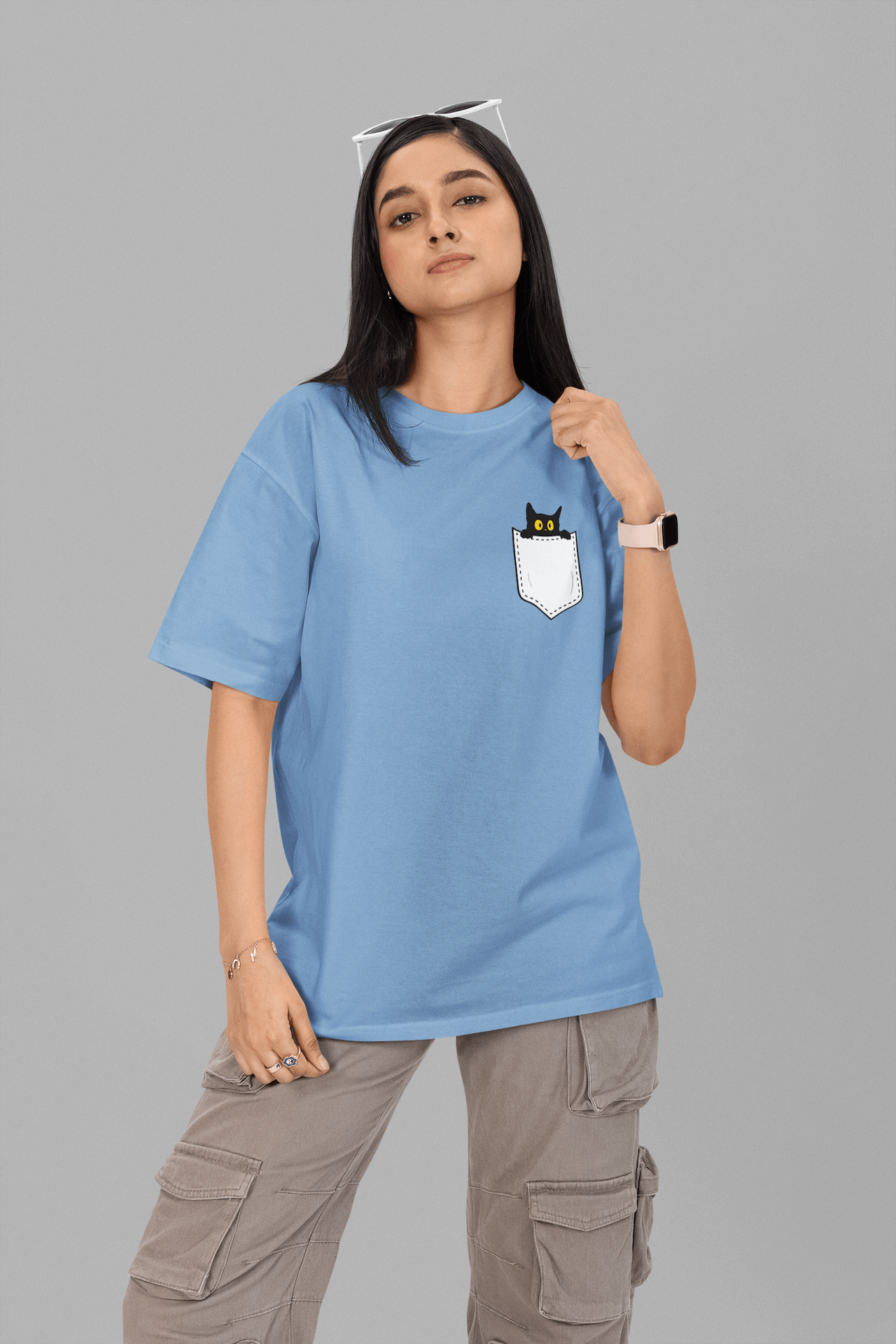 Women's Baby Blue Pocket Peeker Graphic Printed Oversized T-shirt