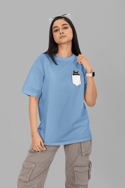Women's Baby Blue Pocket Peeker Graphic Printed Oversized T-shirt