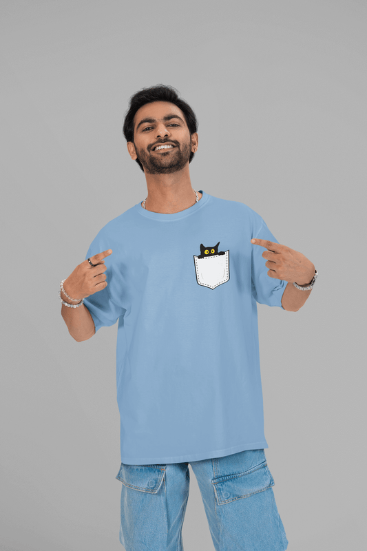 Men's Baby Blue Pocket Peeker Graphic Printed Oversized T-shirt