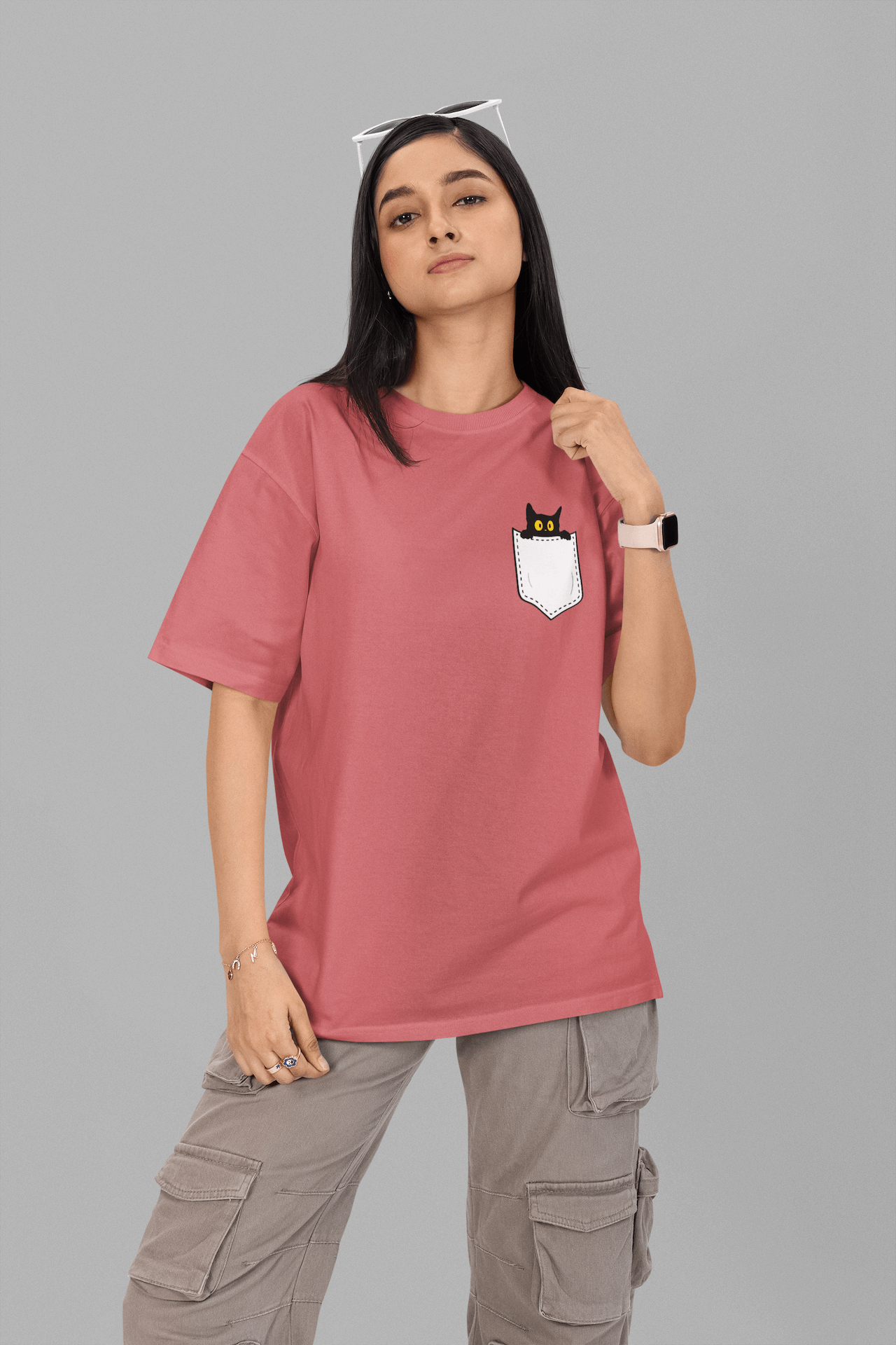 Women's Dusty Red Pocket Peeker Graphic Printed Oversized T-shirt