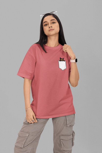 Women's Dusty Red Pocket Peeker Graphic Printed Oversized T-shirt