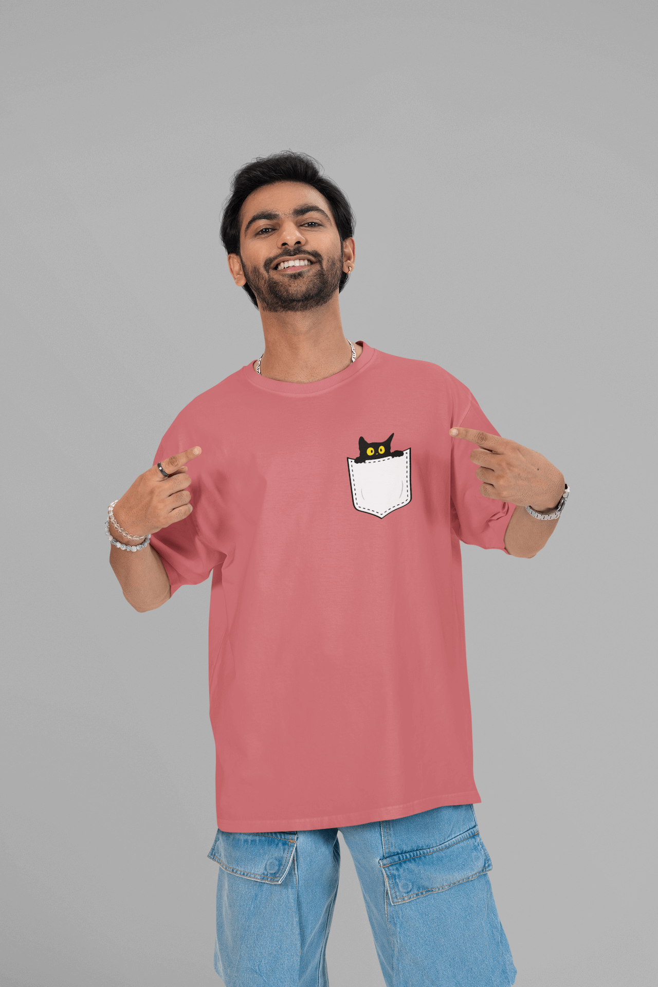 Men's Dusty Red Pocket Peeker Graphic Printed Oversized T-shirt