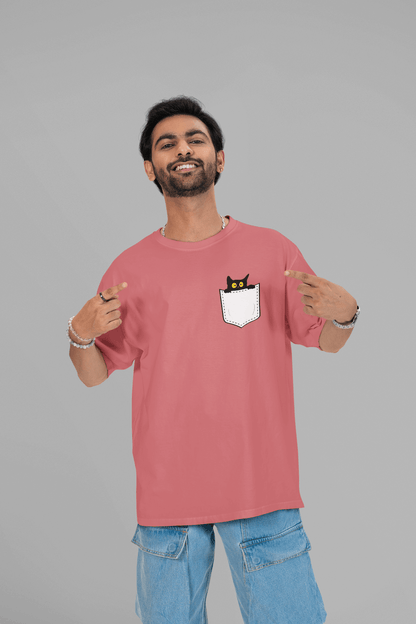 Men's Dusty Red Pocket Peeker Graphic Printed Oversized T-shirt