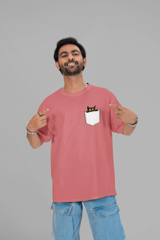 Men's Dusty Red Pocket Peeker Graphic Printed Oversized T-shirt