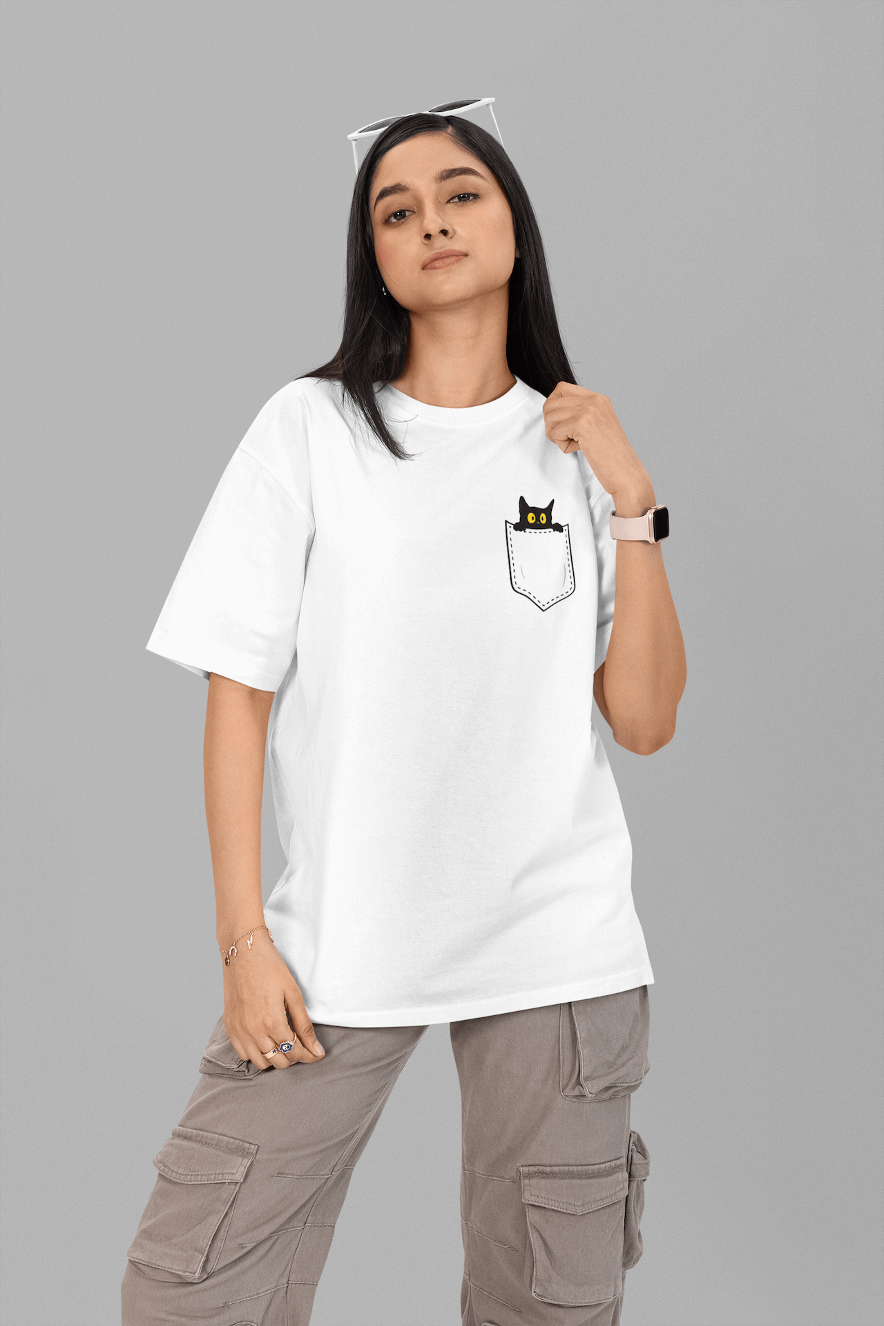 Women's White Pocket Peeker Graphic Printed Oversized T-shirt