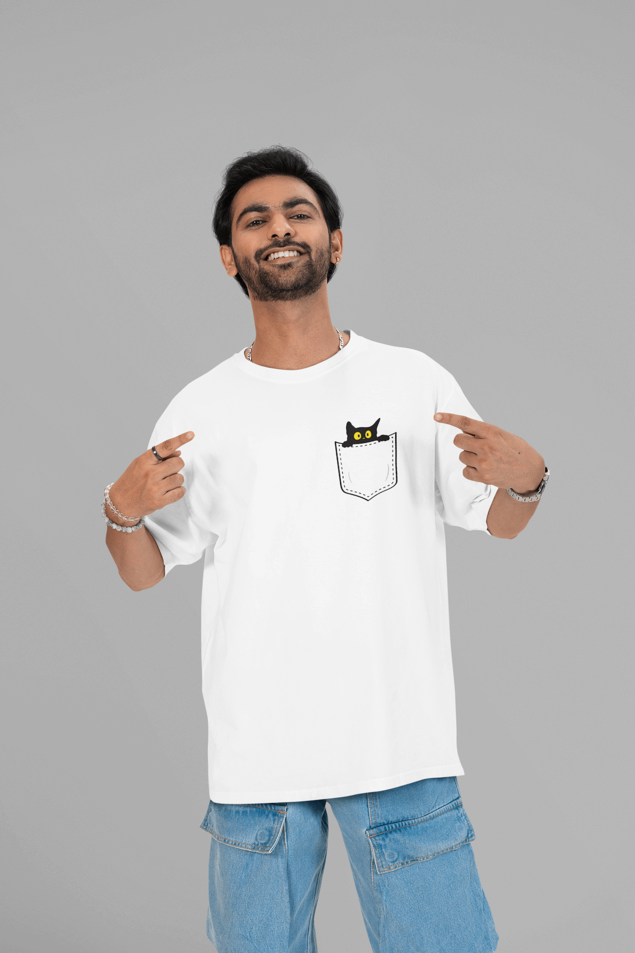Men's White Pocket Peeker Graphic Printed Oversized T-shirt
