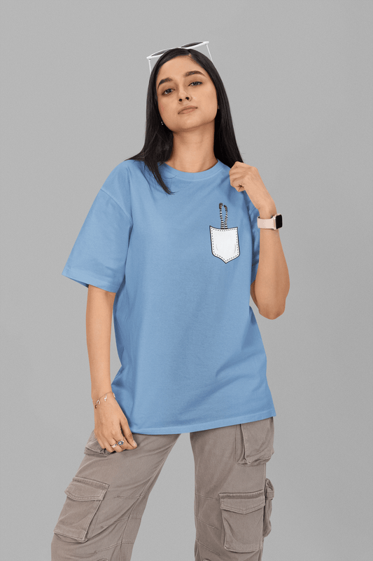 Women's Baby Blue Pocket Witch Graphic Printed Oversized T-shirt