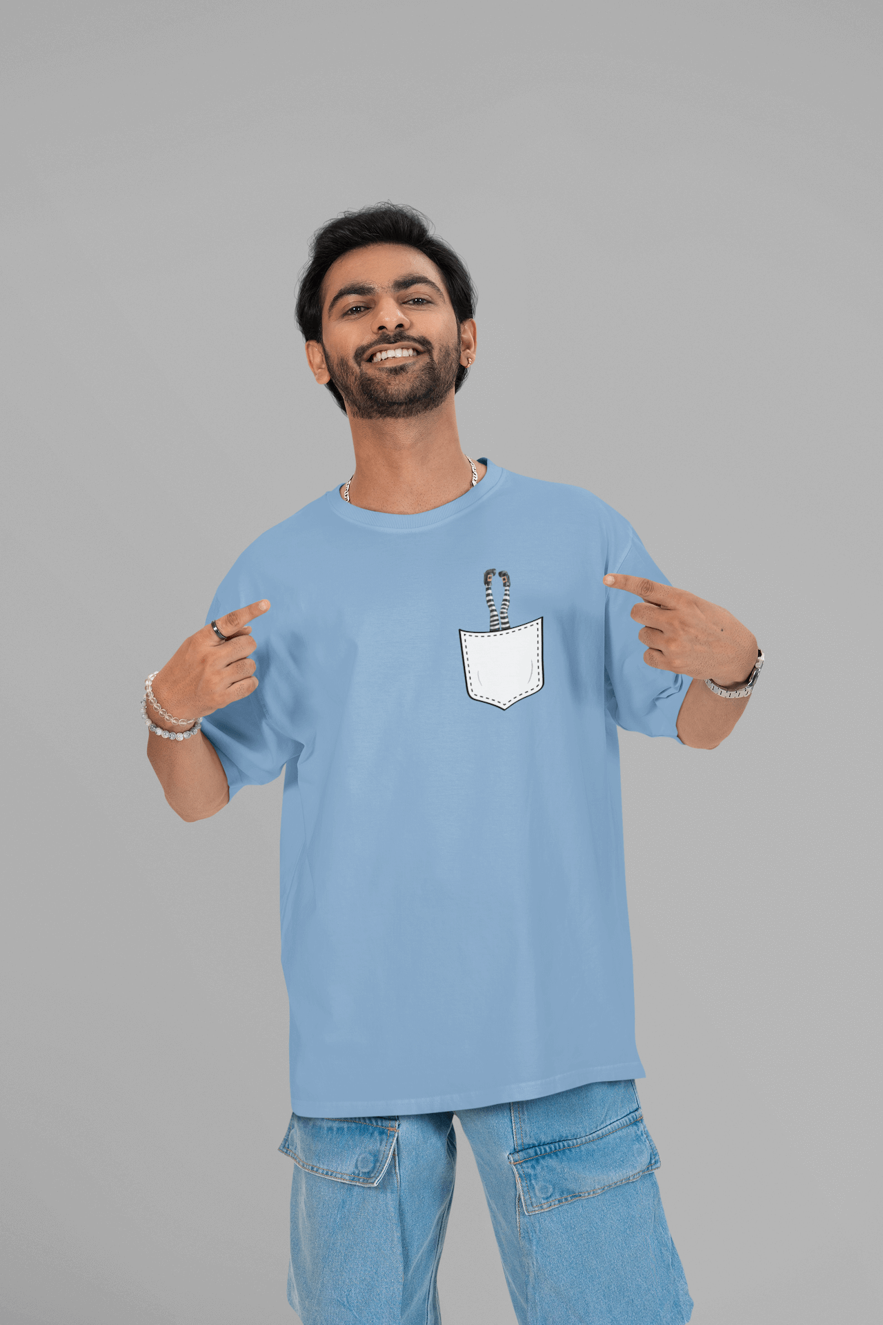 Men's Baby Blue Pocket Witch Graphic Printed Oversized T-shirt