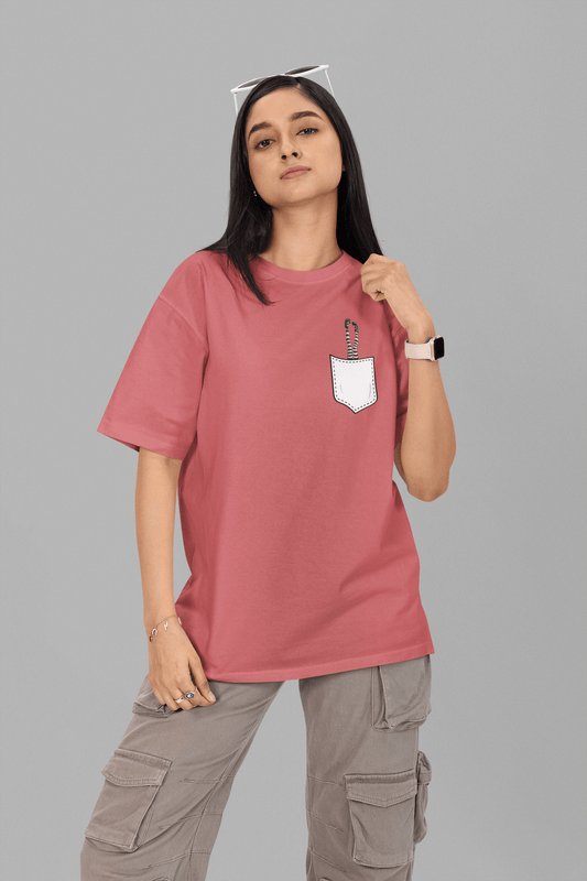Women's Dusty Red Pocket Witch Graphic Printed Oversized T-shirt