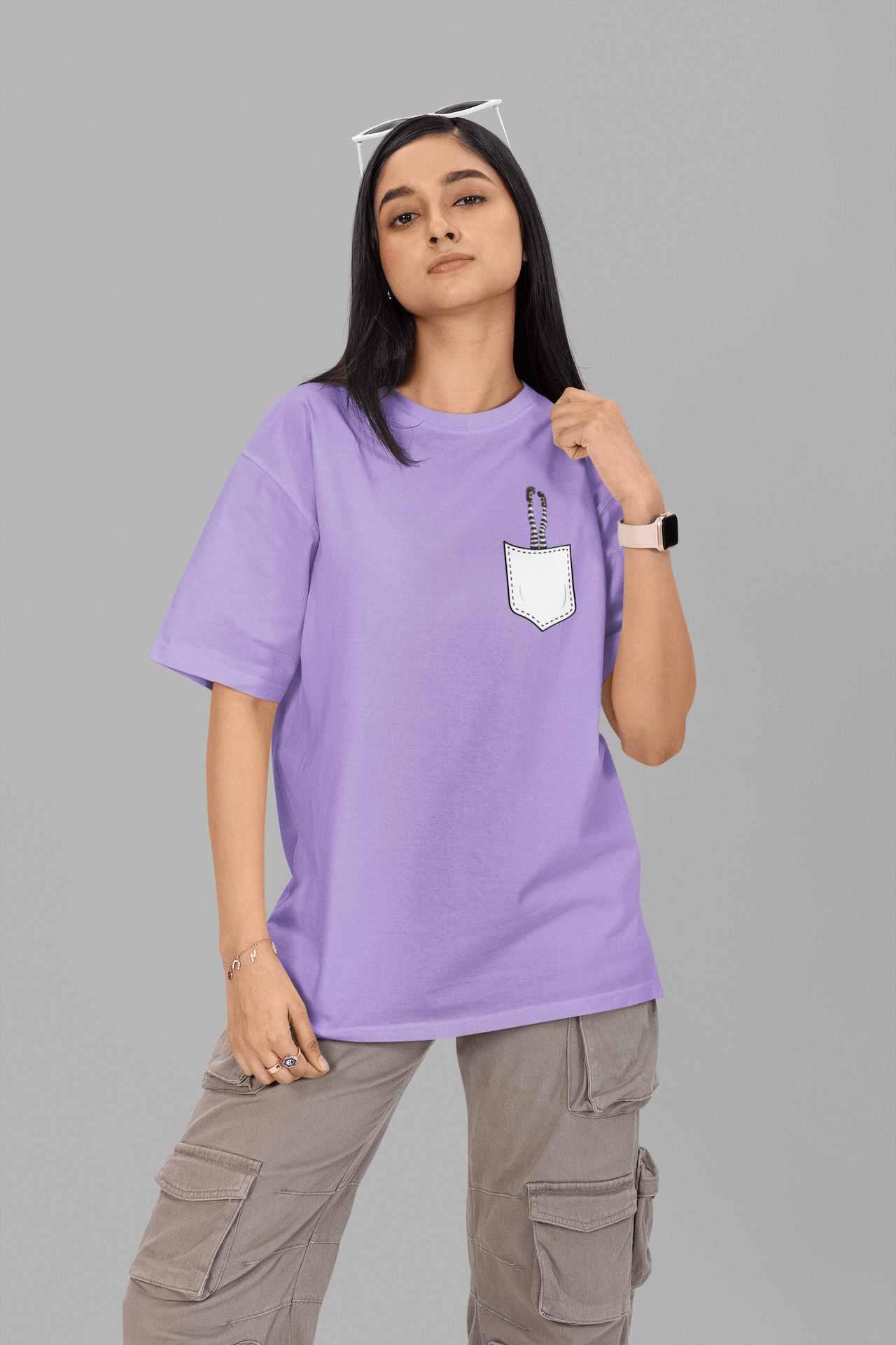 Women's Iris Lavender Pocket Witch Graphic Printed Oversized T-shirt