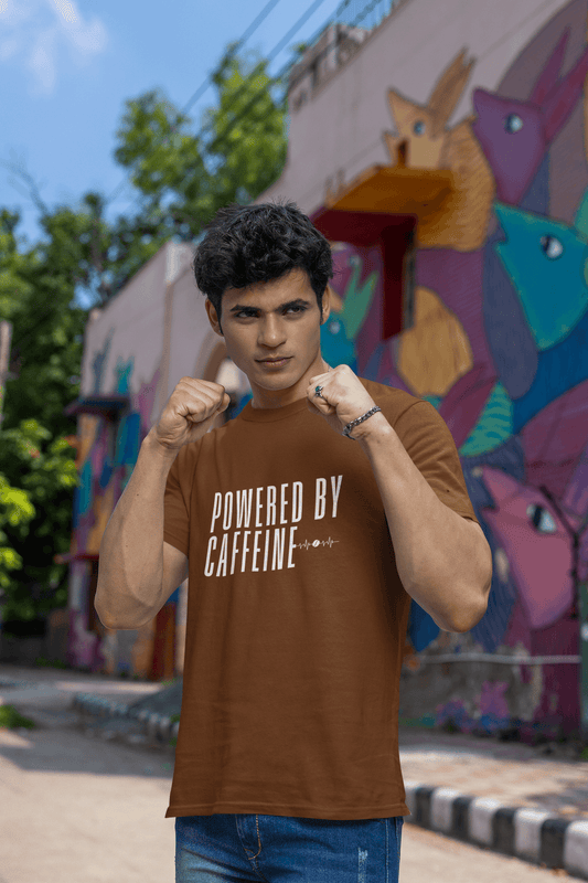Men's Brown Powered by Caffeine Graphic Printed T-shirt - Printed Cave