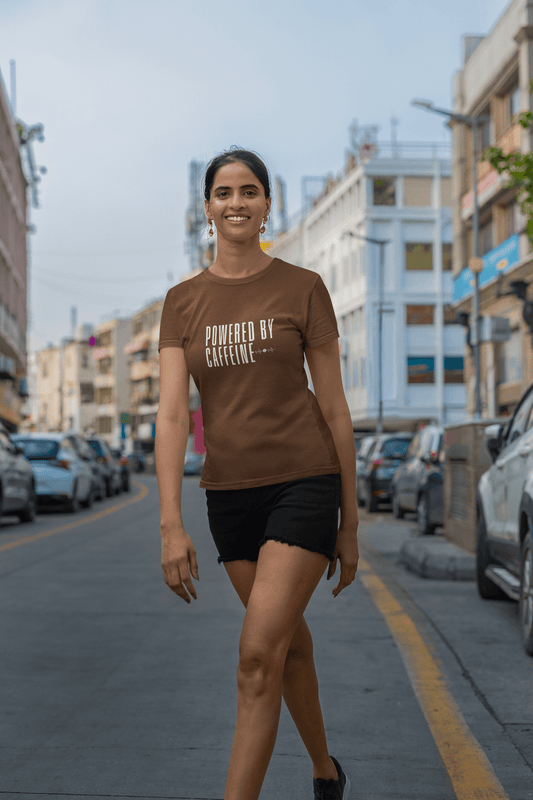 Women's Brown Powered by Caffeine Graphic Printed T-shirt - Printed Cave