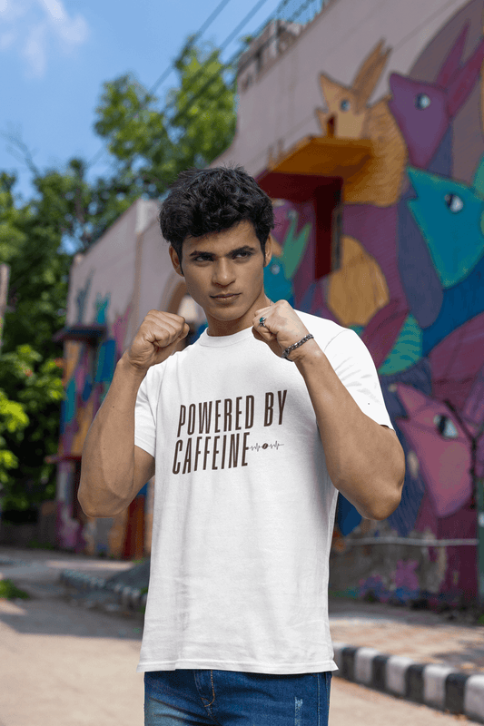 Men's White Powered by Caffeine Graphic Printed T-shirt - Printed Cave