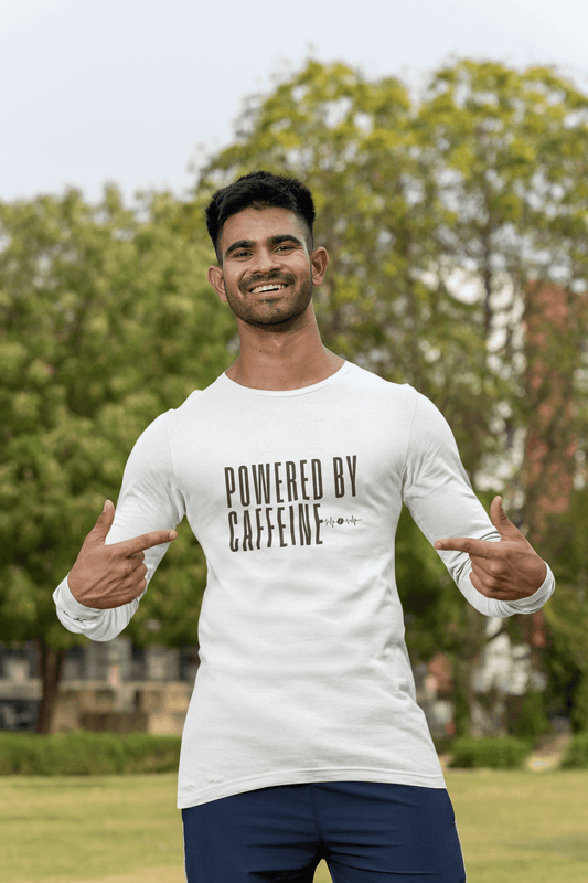 Men's White Powered by Caffeine Graphic Printed Full Sleeve T-shirt