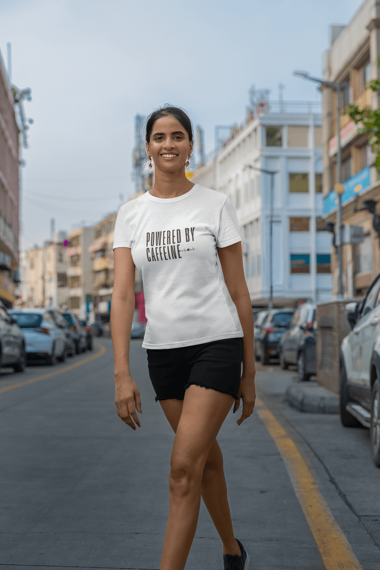 Women's White Powered by Caffeine Graphic Printed T-shirt - Printed Cave