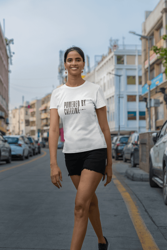 Women's White Powered by Caffeine Graphic Printed T-shirt - Printed Cave