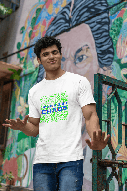 Men's White Powered by Chaos Graphic Printed T-shirt - Printed Cave