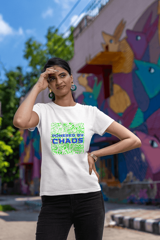 Women's White Powered by Chaos Graphic Printed T-shirt - Printed Cave