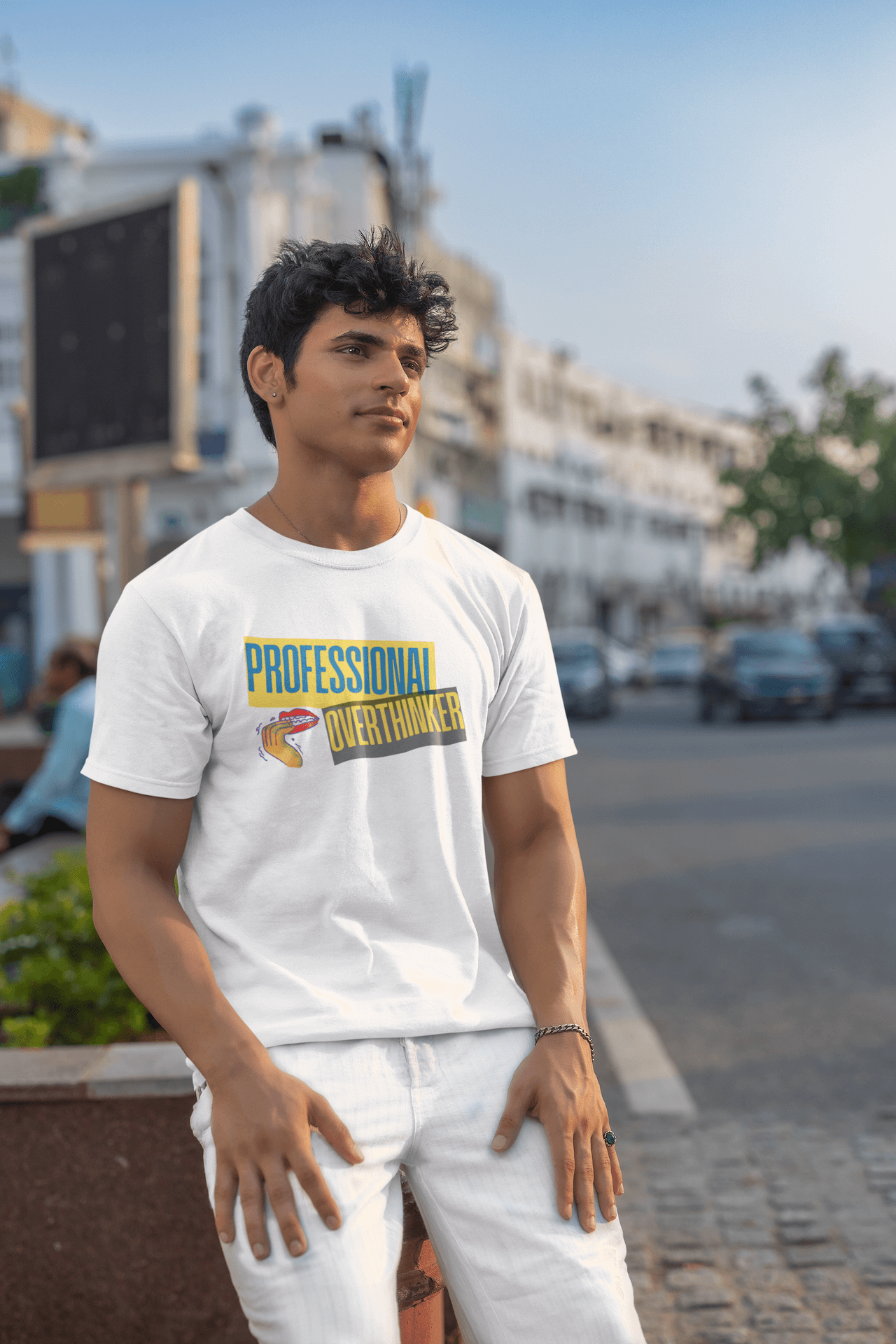 Men's White Professional Overthinker Graphic Printed T-shirt - Printed Cave