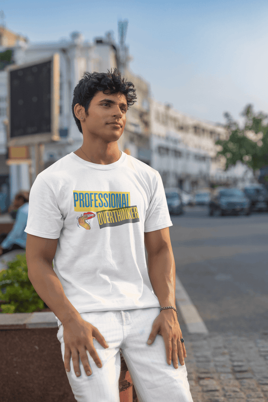 Men's White Professional Overthinker Graphic Printed T-shirt - Printed Cave