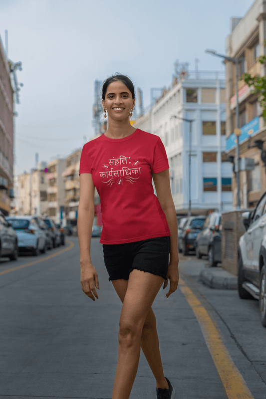 Women's Red Sanhatih Karyasadhika Graphic Printed T-shirt - Printed Cave