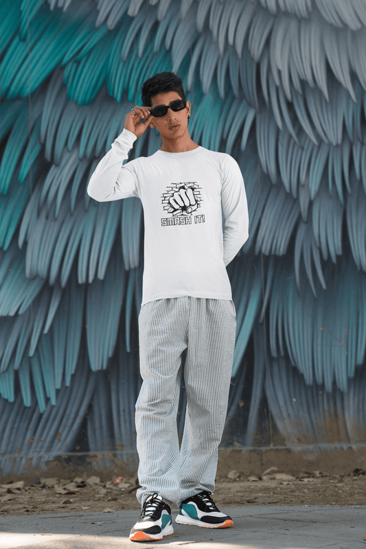 Men's White Smash It Graphic Printed Full Sleeve T-shirt