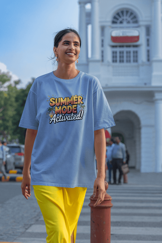 Women's Baby Blue Summer Mode Activated Graphic Printed Oversized T-shirt