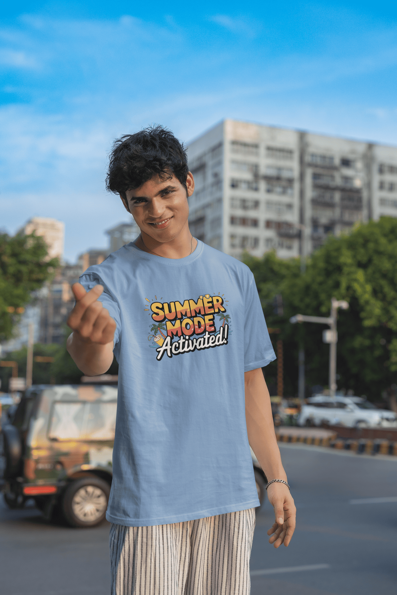 Men's Baby Blue Summer Mode Activated Graphic Printed Oversized T-shirt