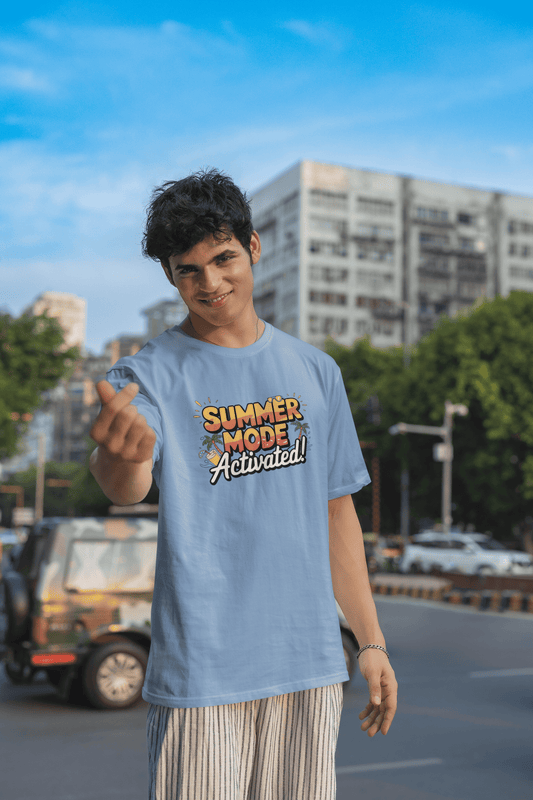 Men's Baby Blue Summer Mode Activated Graphic Printed Oversized T-shirt