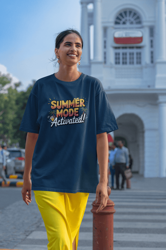 Women's Navy Blue Summer Mode Activated Graphic Printed Oversized T-shirt