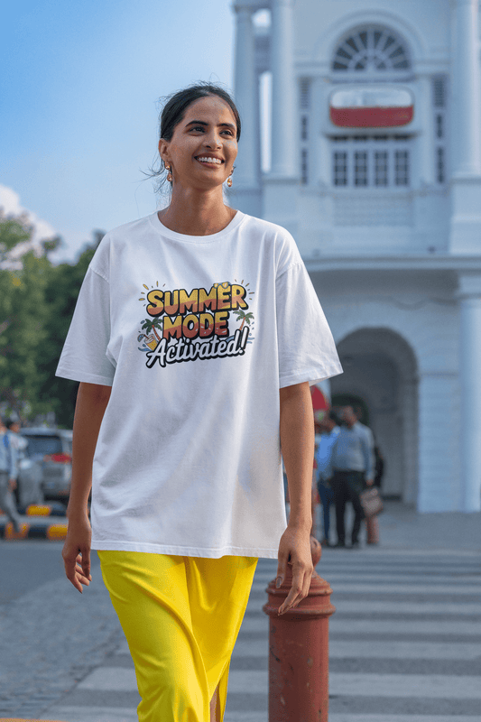 Women's White Summer Mode Activated Graphic Printed Oversized T-shirt