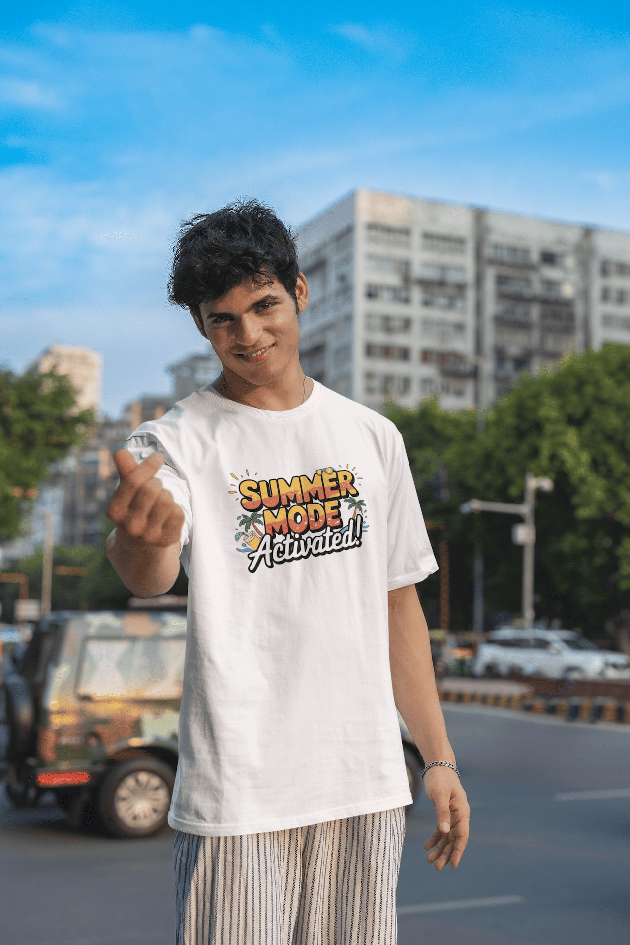 Men's White Summer Mode Activated Graphic Printed Oversized T-shirt