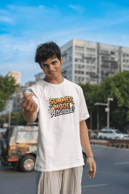 Men's White Summer Mode Activated Graphic Printed Oversized T-shirt