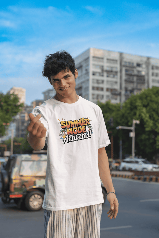 Men's White Summer Mode Activated Graphic Printed Oversized T-shirt