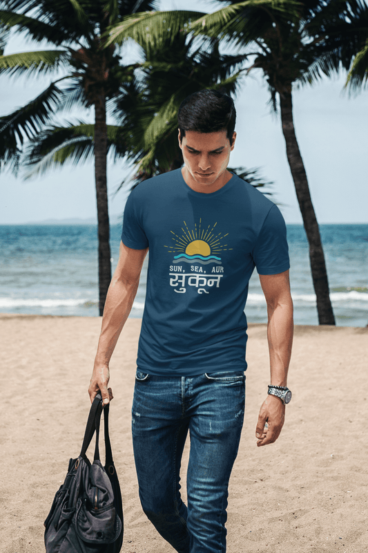 Men's Navy Blue Sun, Sea, aur Sukoon Graphic Printed T-shirt - Printed Cave