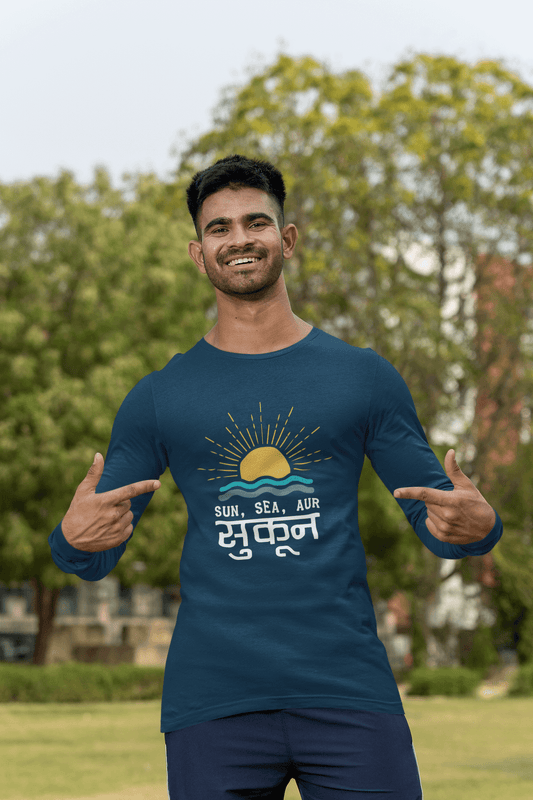 Men's Navy Blue Sun, Sea, aur Sukoon Graphic Printed Full Sleeve T-shirt