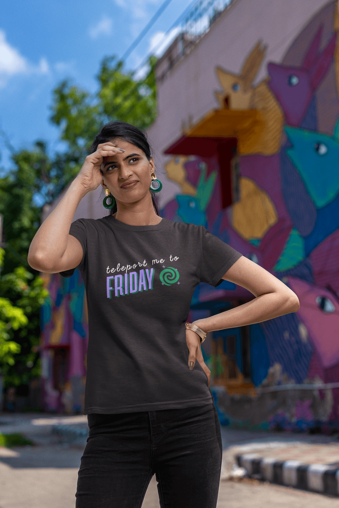 Women's Black Teleport me to Friday Graphic Printed T-shirt - Printed Cave