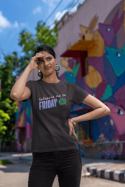 Women's Black Teleport me to Friday Graphic Printed T-shirt - Printed Cave