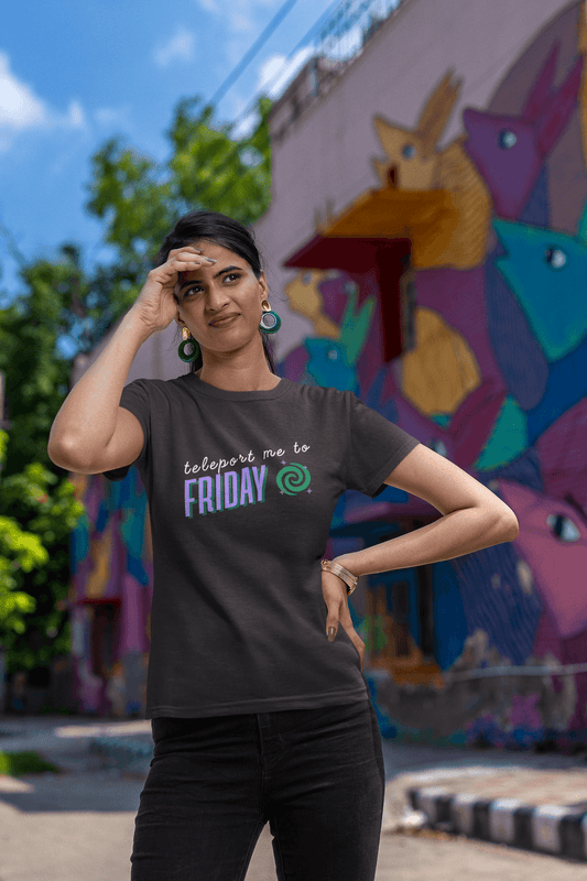 Women's Black Teleport me to Friday Graphic Printed T-shirt - Printed Cave