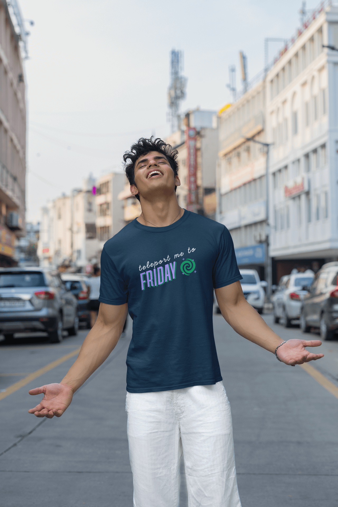 Men's Navy Blue Teleport me to Friday Graphic Printed T-shirt - Printed Cave