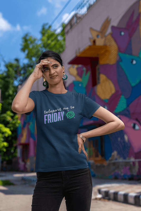 Women's Navy Blue Teleport me to Friday Graphic Printed T-shirt - Printed Cave