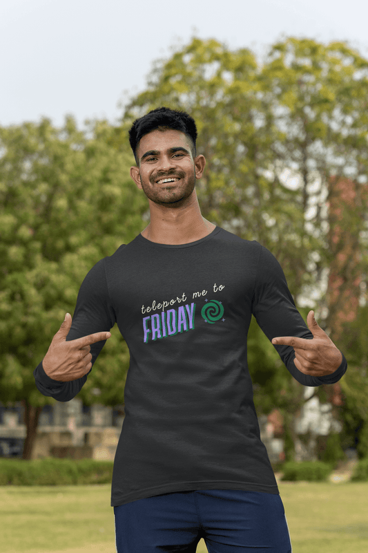 Men's Black Teleport me to Friday Graphic Printed Full Sleeve T-shirt