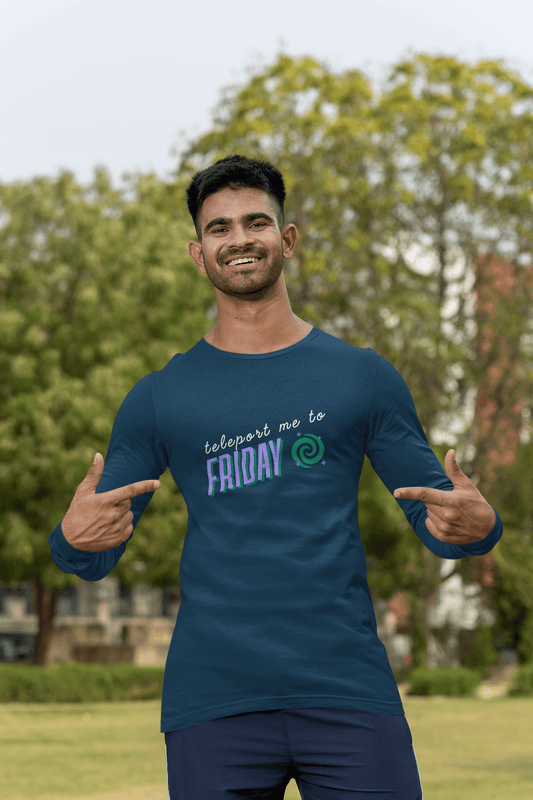 Men's Navy Blue Teleport me to Friday Graphic Printed Full Sleeve T-shirt