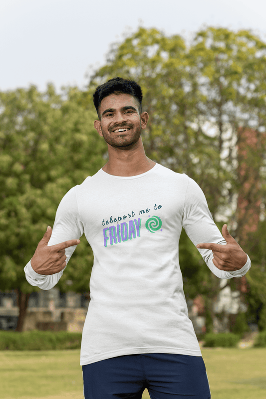 Men's White Teleport me to Friday Graphic Printed Full Sleeve T-shirt