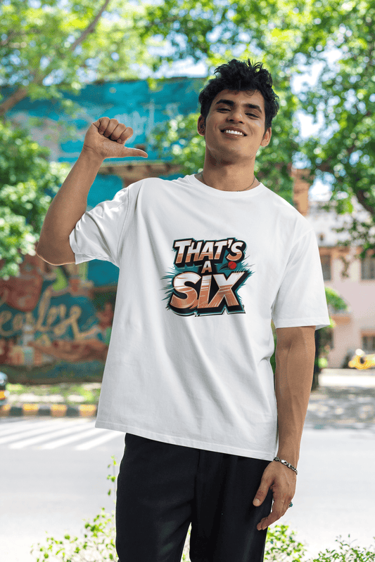 Men's White That's A Six Graphic Printed Oversized T-shirt