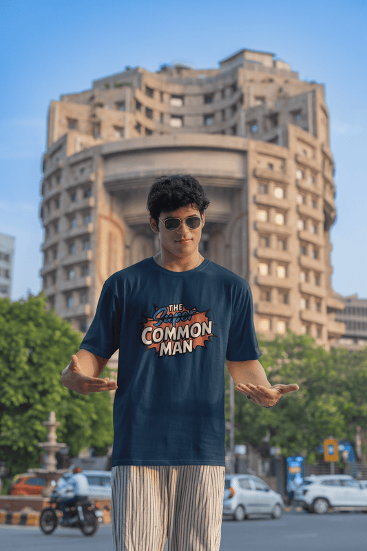 Men's Navy Blue The Super Common Man Graphic Printed Oversized T-shirt