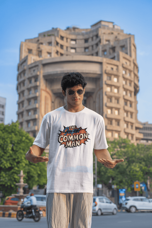 Men's White The Super Common Man Graphic Printed Oversized T-shirt