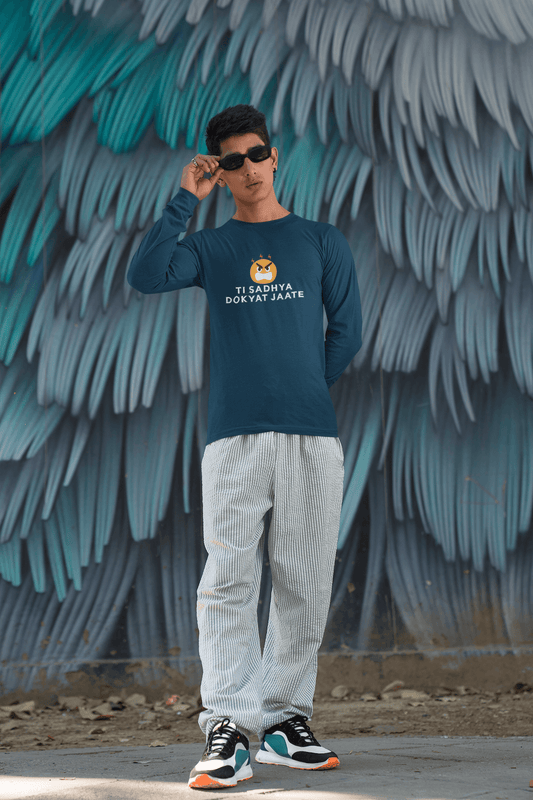 Men's Navy Blue Ti Sadhya Dokyat Jaate Graphic Printed Full Sleeve T-shirt