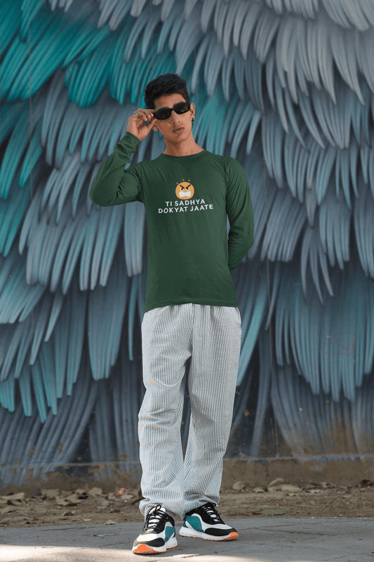 Men's Olive Green Ti Sadhya Dokyat Jaate Graphic Printed Full Sleeve T-shirt