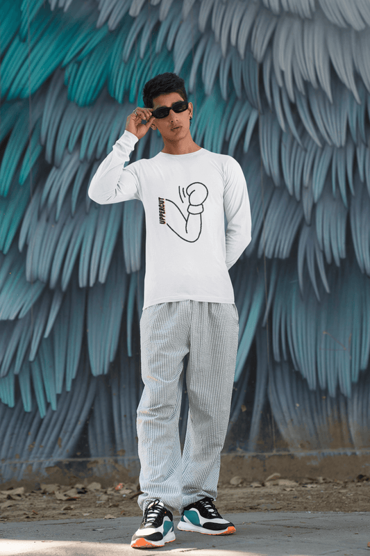 Men's White Uppercut Graphic Printed Full Sleeve T-shirt